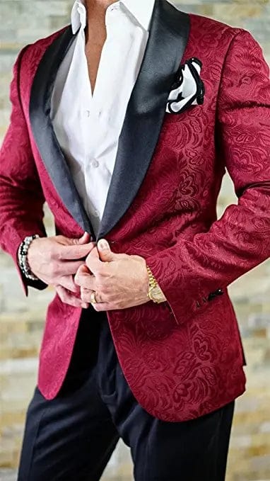 Ivory pattern men's tuxedo with shawl lapel, includes blazer, pants, and tie, perfect for wedding groomsmen or formal events.