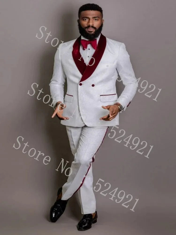 White patterned tuxedo for men with shawl satin lapel, 2-piece suit, ideal for groomsmen or wedding groom from SHOWLU FASHION STORE.
