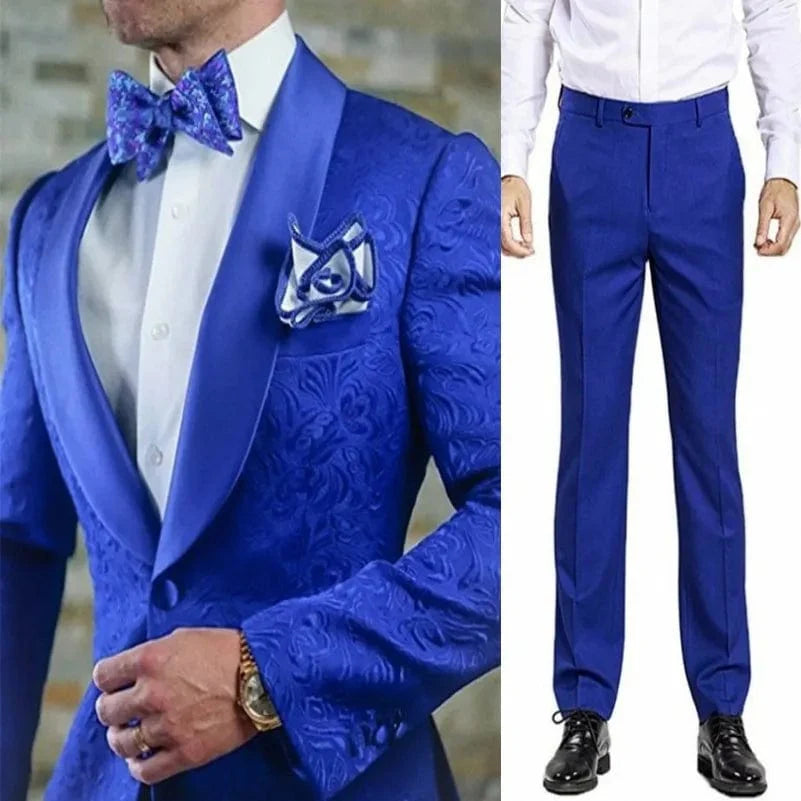 Men's white patterned tuxedo with shawl satin lapel, two-piece suit including jacket and pants, ideal for grooms and formal events