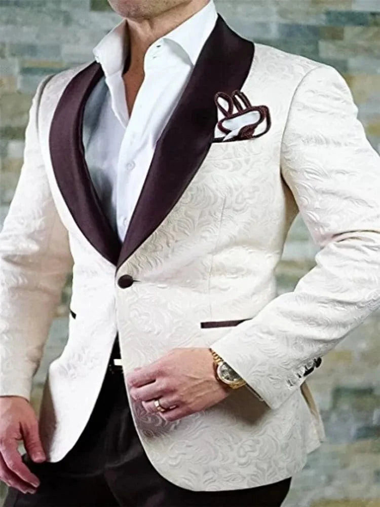 Men's white patterned tuxedo with shawl satin lapel, 2-piece suit for groomsmen or groom, includes jacket, pants, and tie.