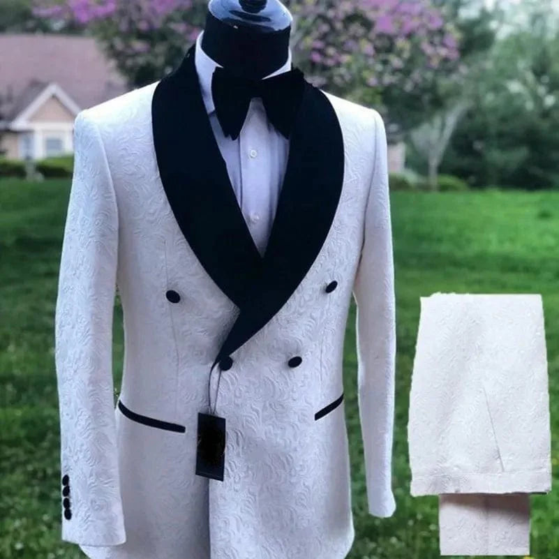 Men's white patterned tuxedo with shawl satin lapel, 2-piece suit for groomsmen or groom, by SHOWLU FASHION STORE.