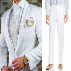 Groomsmen White Pattern Groom Tuxedos Shawl Satin Lapel Men Suits 2 Pieces Wedding Bridegroom ( Jacket + Pants + Tie ) D201 - SHOWLU FASHION STORE