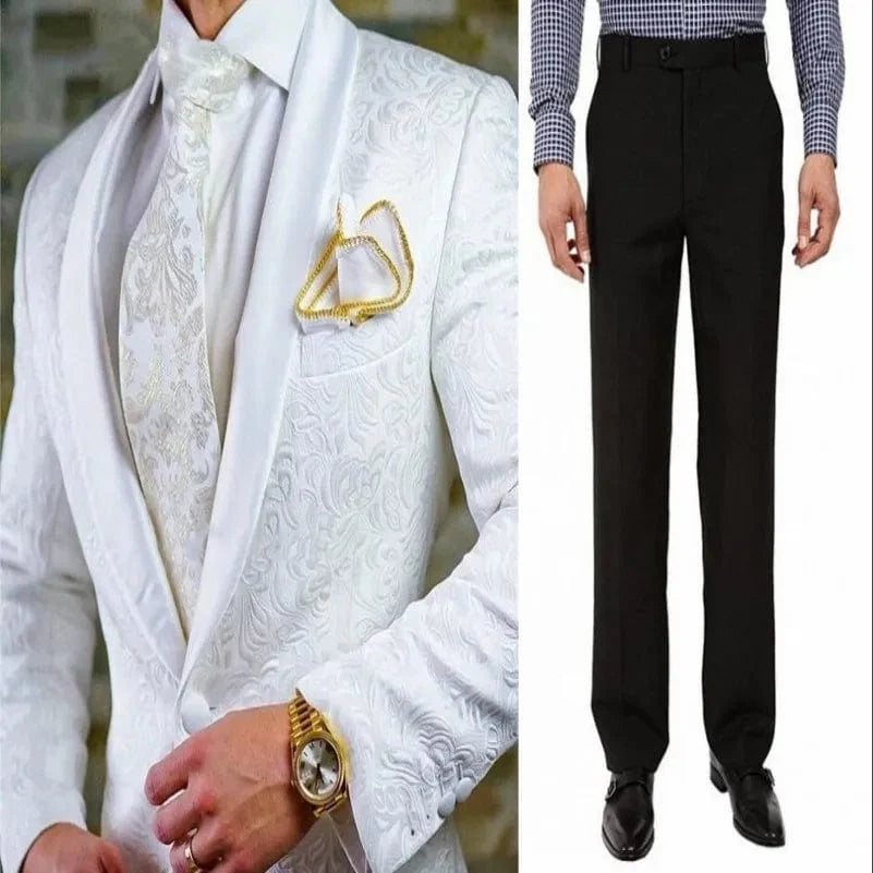Men's white patterned tuxedo from GQER SUITS with shawl satin lapel, two-piece set including jacket and pants, ideal for grooms.