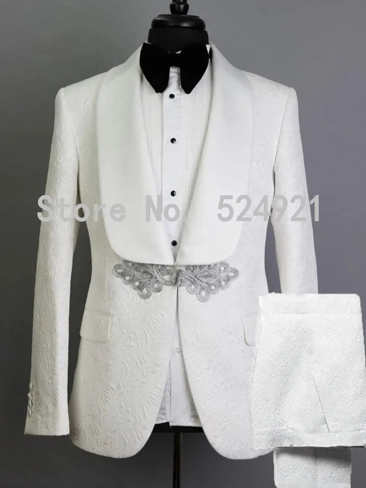 White patterned men's tuxedo with shawl satin lapel, 2-piece suit for groomsmen or bridegroom from SHOWLU FASHION STORE.