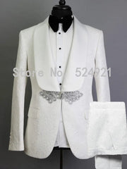 Groomsmen White Pattern Groom Tuxedos Shawl Satin Lapel Men Suits 2 Pieces Wedding Bridegroom ( Jacket + Pants + Tie ) D201 - SHOWLU FASHION STORE