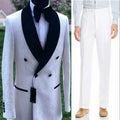Men's white patterned tuxedo from GQER SUITS with shawl satin lapel, two-piece set including jacket and pants, for formal weddings.