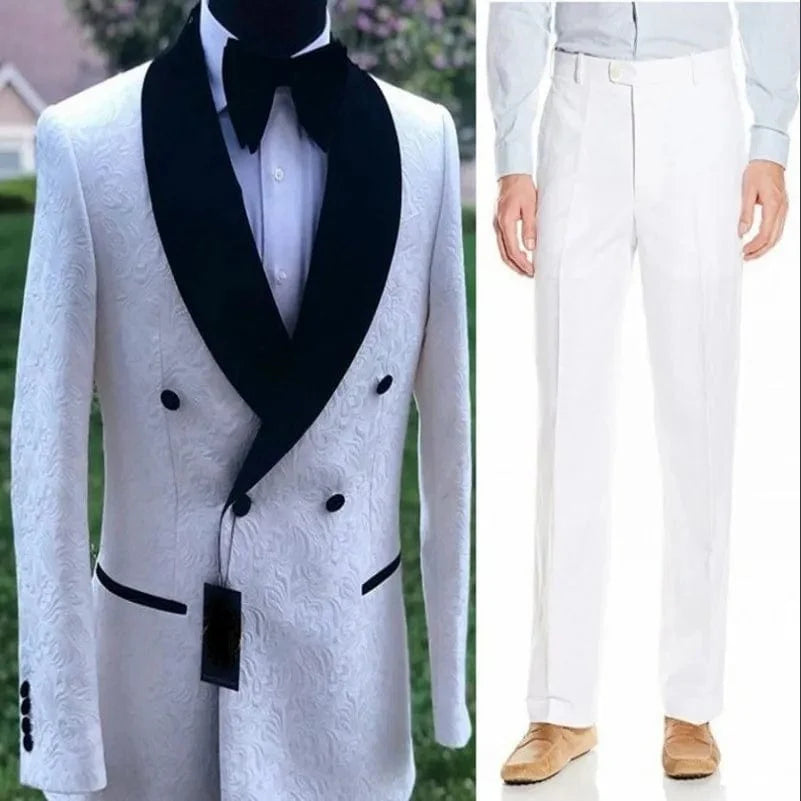 Men's white patterned tuxedo from GQER SUITS with shawl satin lapel, two-piece set including jacket and pants, for formal weddings.