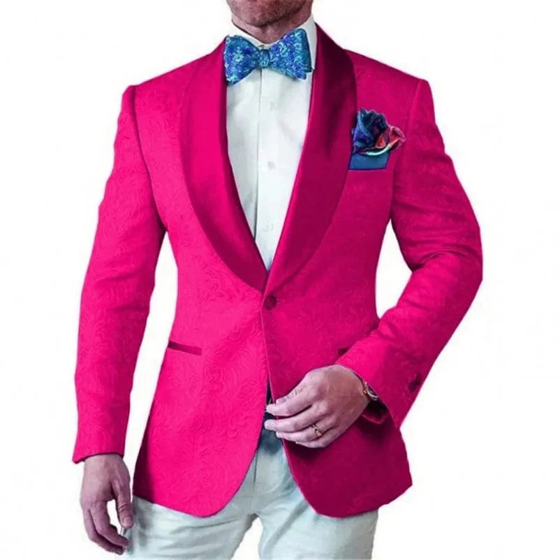 Men's white patterned tuxedo with shawl satin lapel, 2-piece suit for groomsmen or groom, includes jacket, pants, and tie.