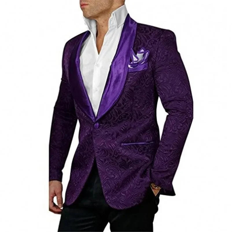Men's white patterned tuxedo with shawl satin lapel, 2-piece suit for groomsmen or groom, featuring jacket, pants, and matching tie.