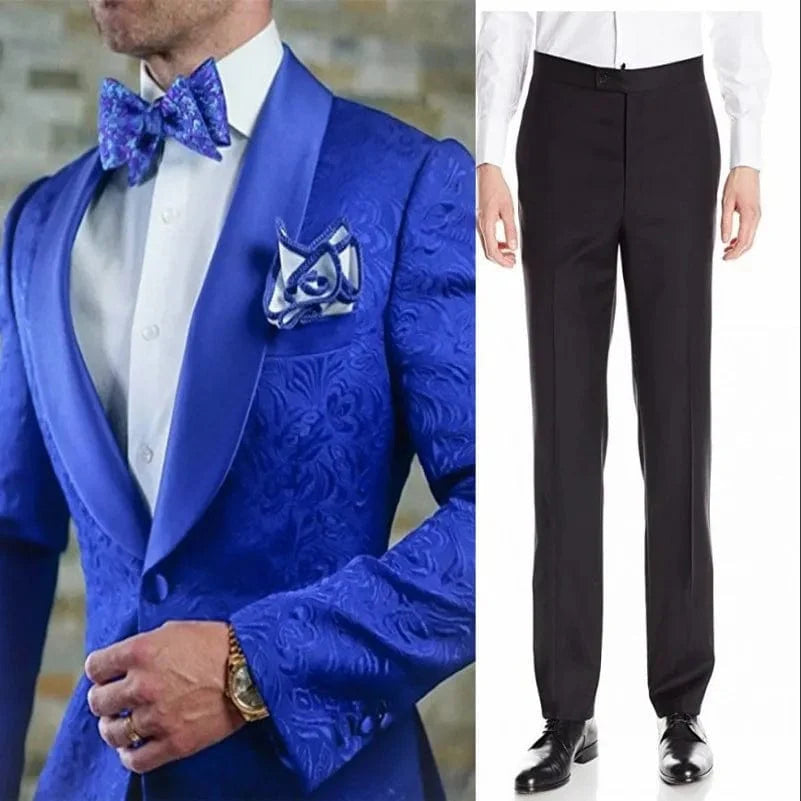 Men's white patterned tuxedo by SHOWLU FASHION with shawl satin lapel, 2-piece suit for grooms or formal events.