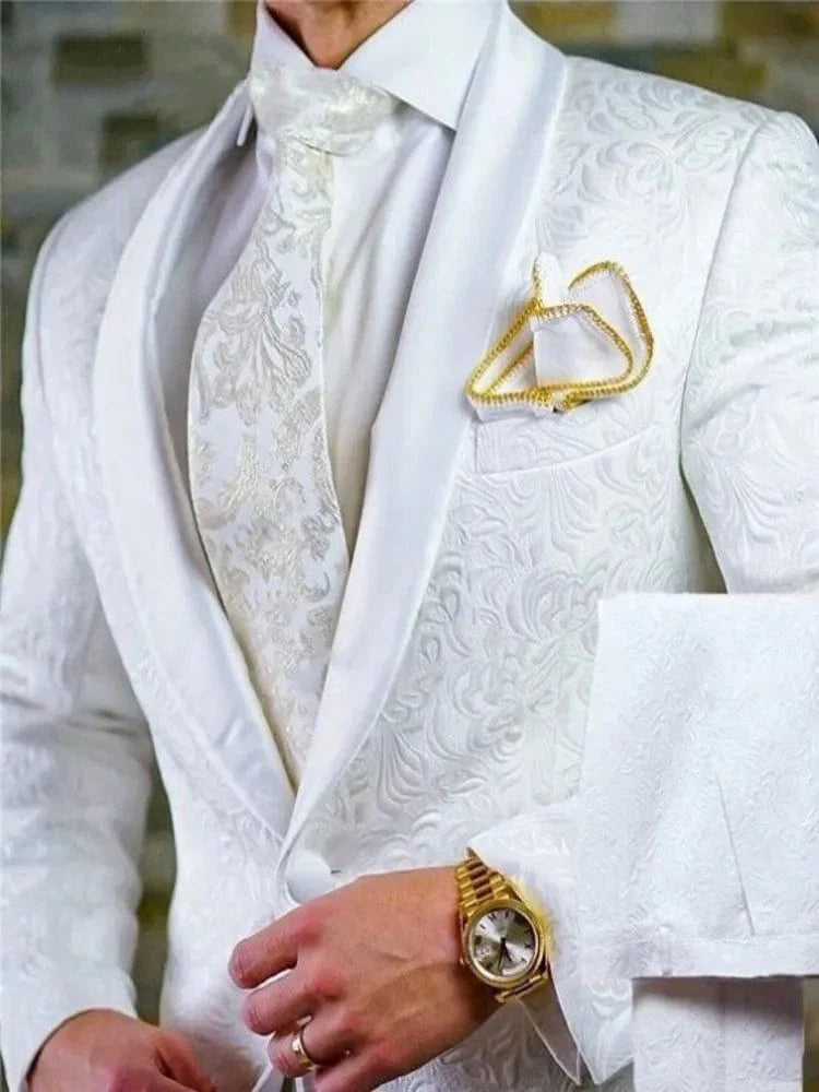 Men's white patterned tuxedo with shawl satin lapel, two-piece suit including jacket and pants, ideal for grooms and formal events.
