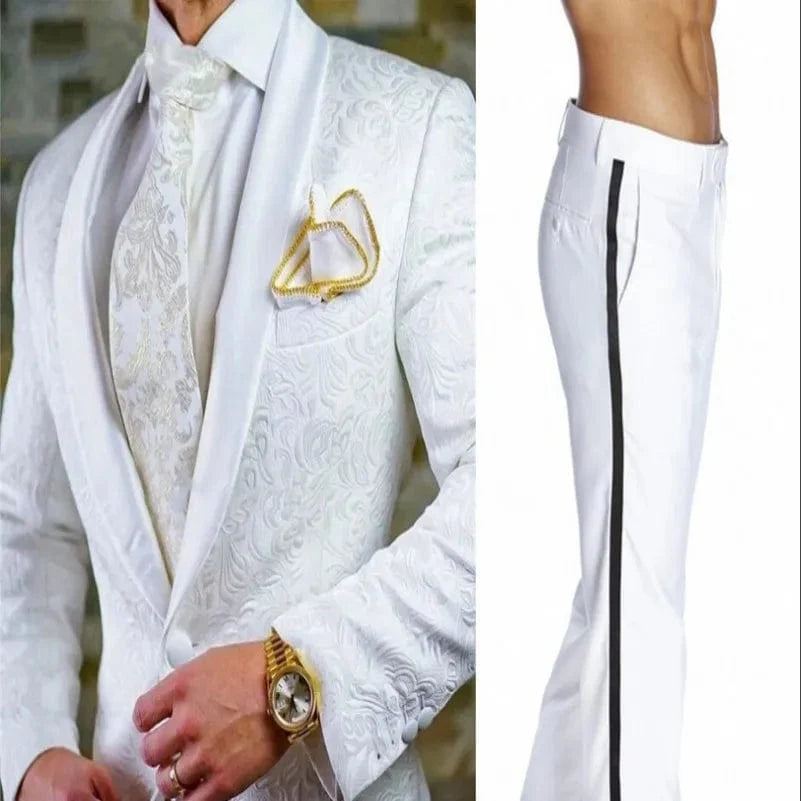 Men's white patterned tuxedo with shawl satin lapel, 2-piece suit, featuring jacket and pants, ideal for grooms or formal events.