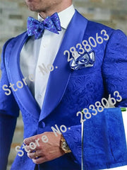 Groomsmen White Pattern Groom Tuxedos Shawl Satin Lapel Men Suits 2 Pieces Wedding Bridegroom ( Jacket + Pants + Tie ) D201 - SHOWLU FASHION STORE