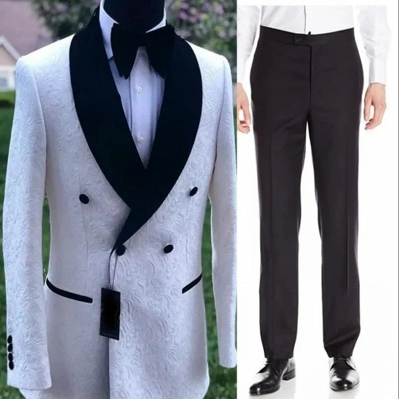 GQER SUITS men's white patterned tuxedo with shawl satin lapel, 2-piece wedding suit including jacket and pants.