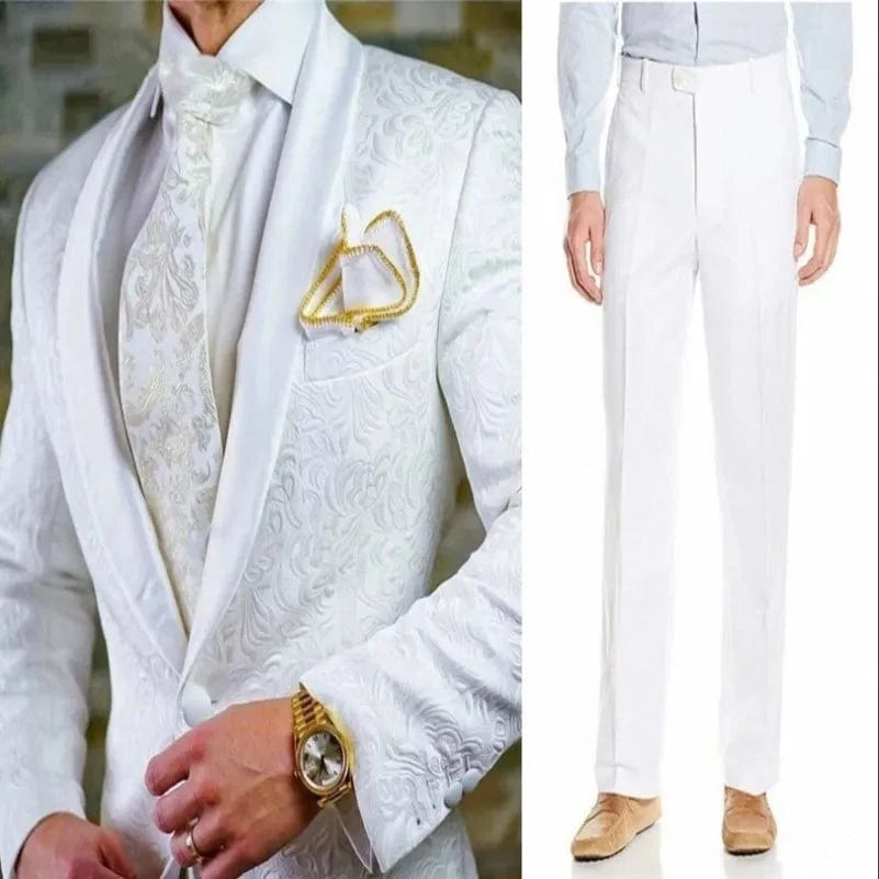 White patterned men's tuxedo with shawl satin lapel, two-piece suit for groomsmen or groom, includes jacket, pants, and tie.