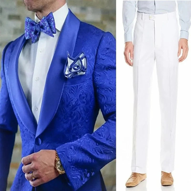 White patterned men's tuxedo by GQER SUITS with shawl satin lapel, 2-piece set including jacket and pants, ideal for groomsmen or weddings