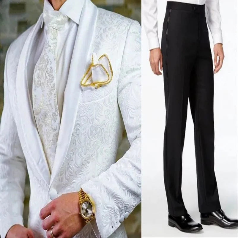Men's white patterned tuxedo from GQER SUITS by SHOWLU FASHION with shawl satin lapel, two-piece set including jacket and pants.