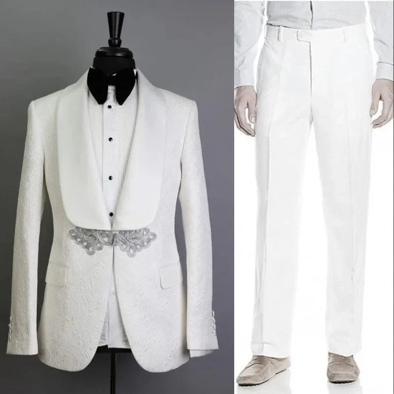 Men's white patterned tuxedo with shawl satin lapel, two-piece suit featuring jacket and pants, ideal for grooms or formal occasions.