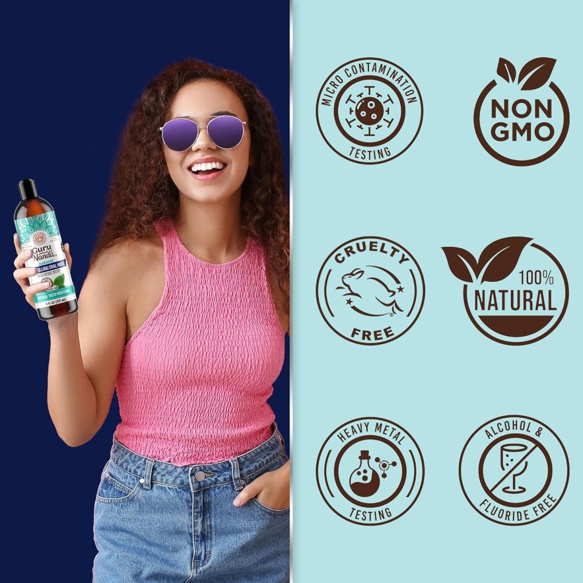 GuruNanda Coconut & Peppermint Oil Pulling with Tongue Scraper, 8 fl oz, alcohol-free mouthwash for fresh breath and healthy teeth and gums.