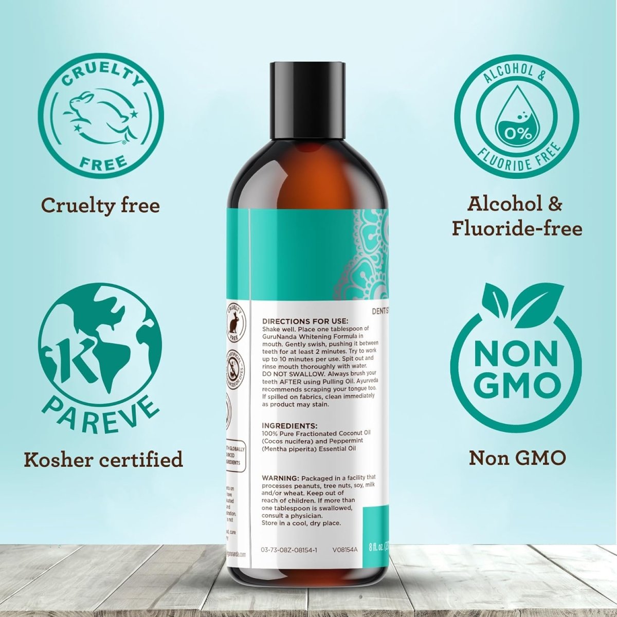 GuruNanda Coconut and Peppermint Oil Pulling with Tongue Scraper, 8 Fl Oz, natural mouthwash for fresh breath and healthy teeth.