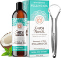 GuruNanda Coconut & Peppermint Oil Pulling set with tongue scraper, 8 fl oz, for fresh breath and healthy teeth and gums.