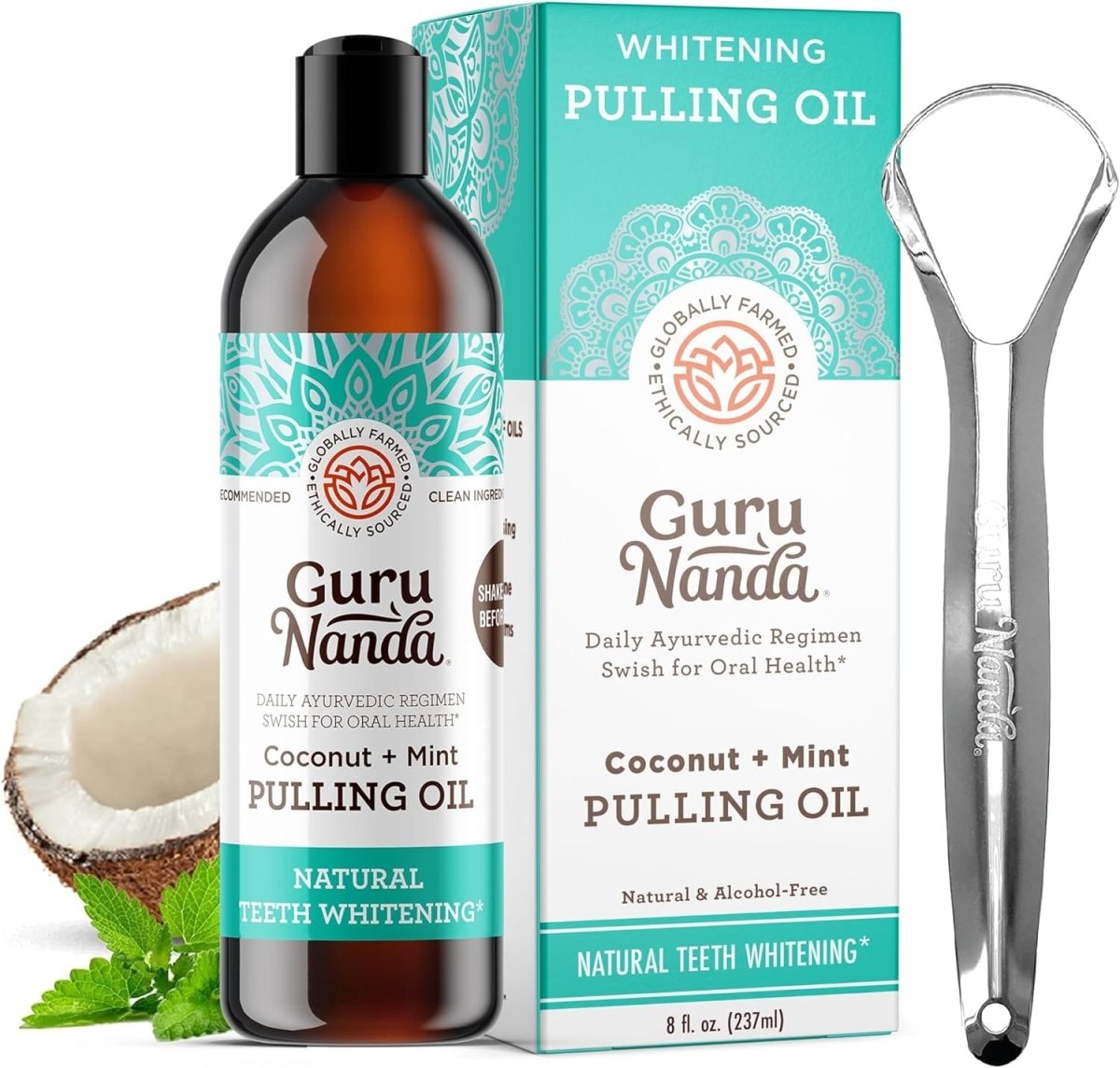 GuruNanda Coconut & Peppermint Oil Pulling set with tongue scraper, 8 fl oz, for fresh breath and healthy teeth and gums.