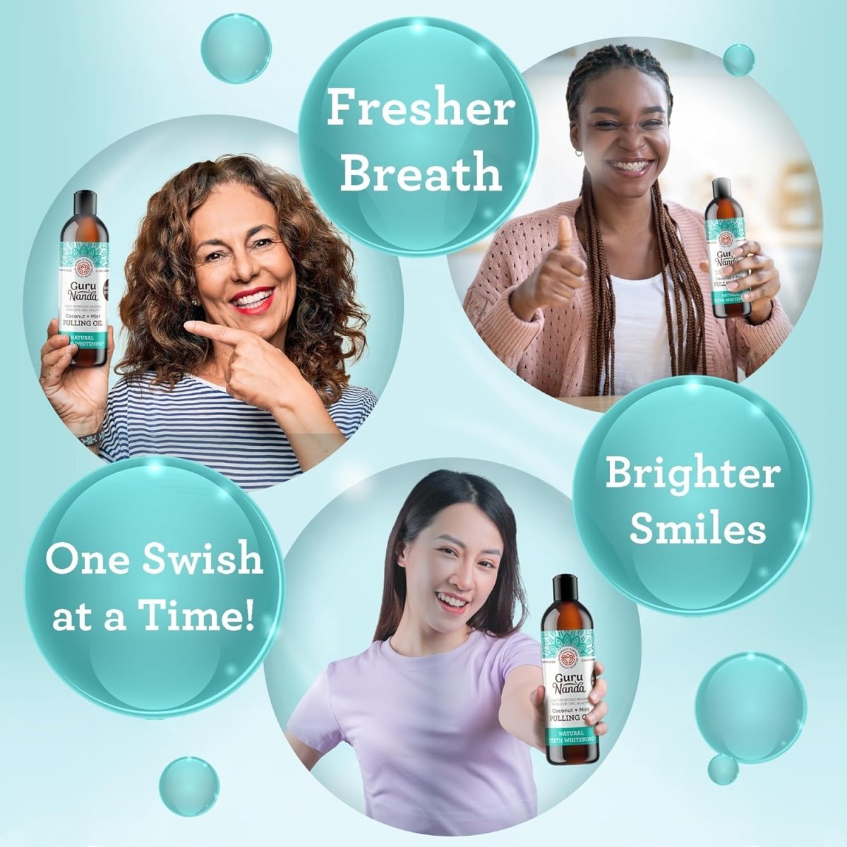 GuruNanda Coconut & Peppermint Oil Pulling with Tongue Scraper, 8 Fl Oz, alcohol-free mouthwash for fresh breath and healthy teeth and gums.