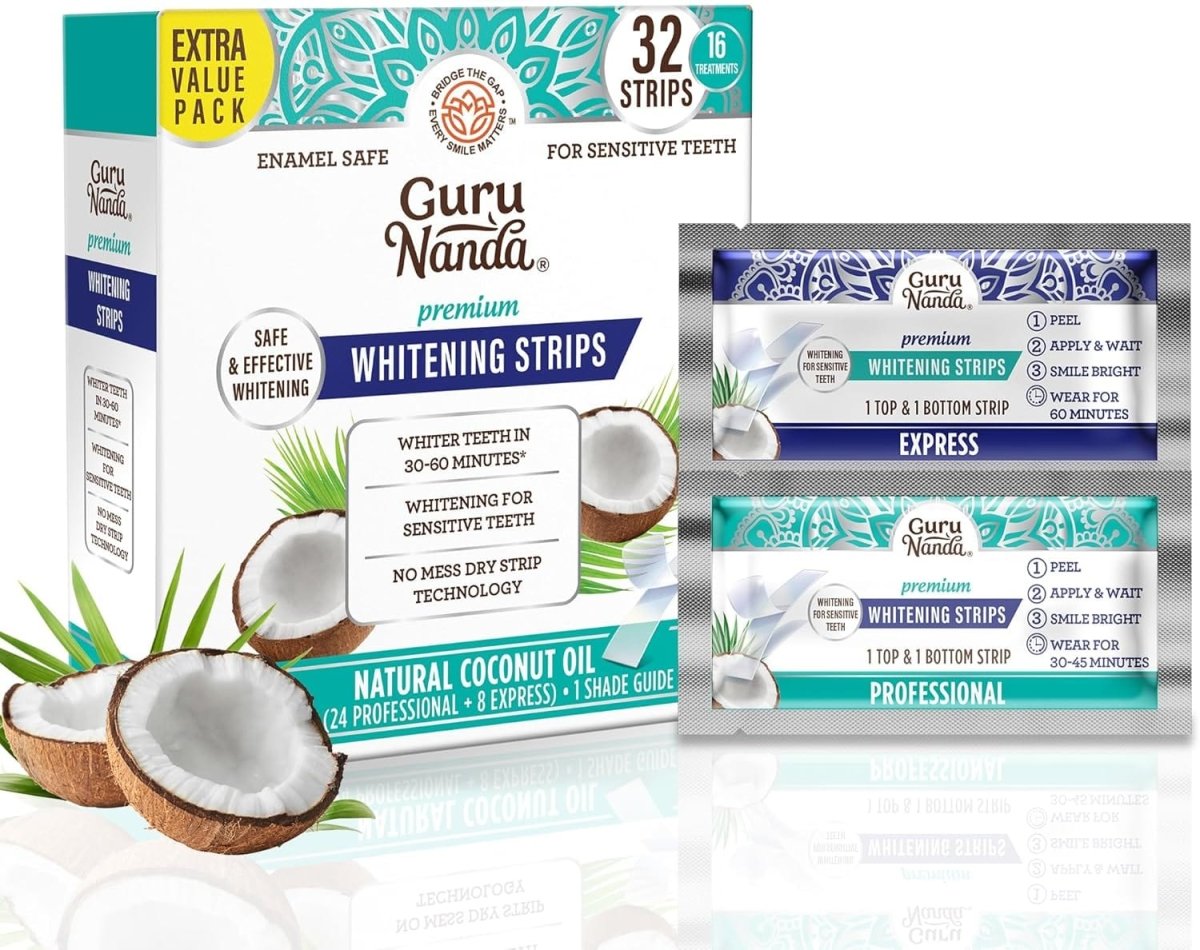 GuruNanda teeth whitening strips for sensitive teeth, showing the enamel-safe strips with non-slip dry strip technology for effective whitening.