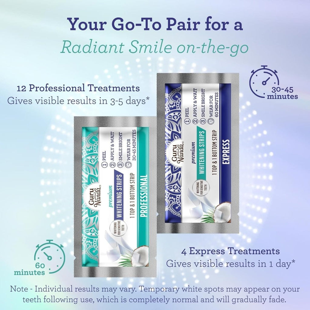 GuruNanda Teeth Whitening Strips for sensitive teeth, showing the enamel-safe strips designed for effective whitening and non-slip use.