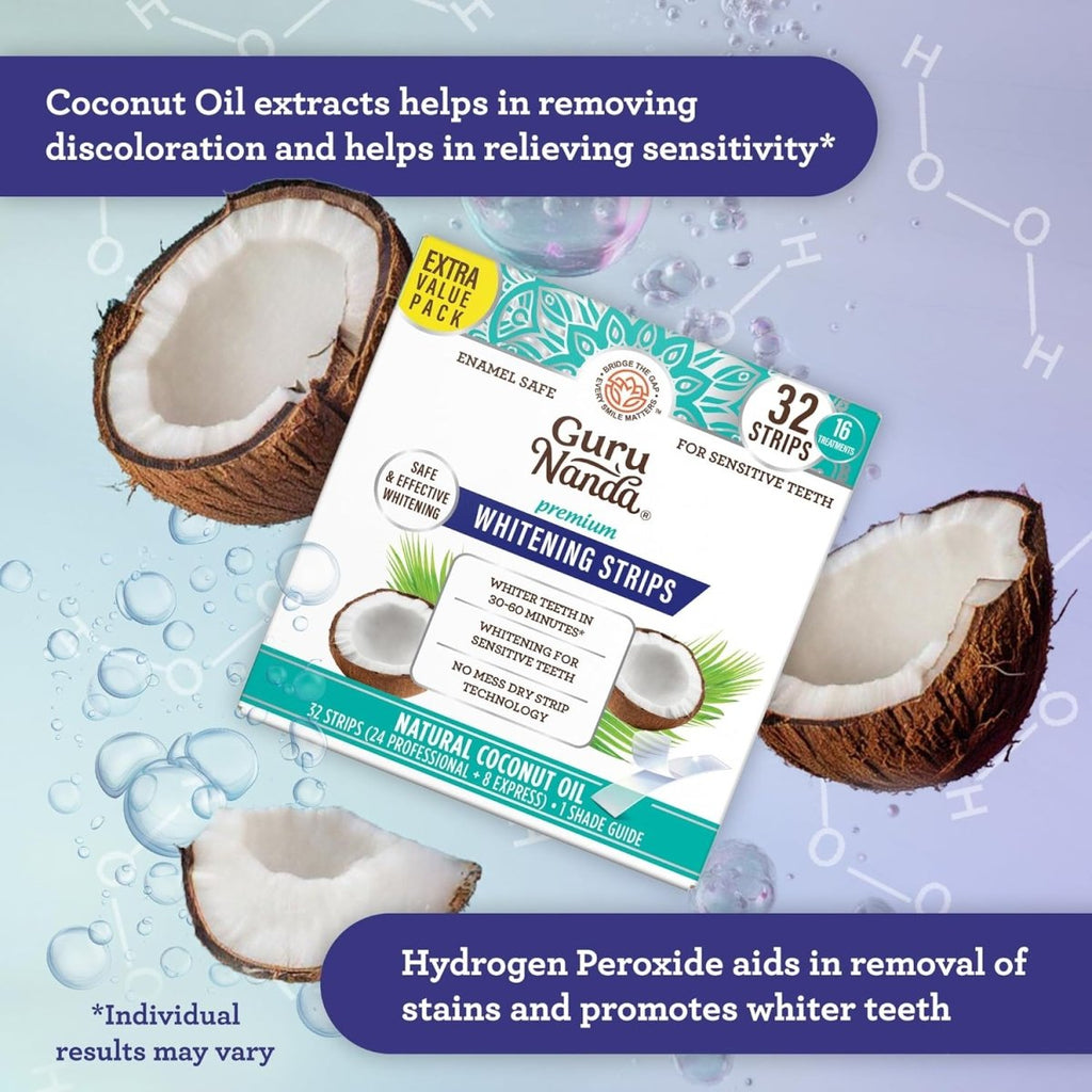 GuruNanda teeth whitening strips for sensitive teeth, showing the enamel-safe strips with non-slip dry strip technology.
