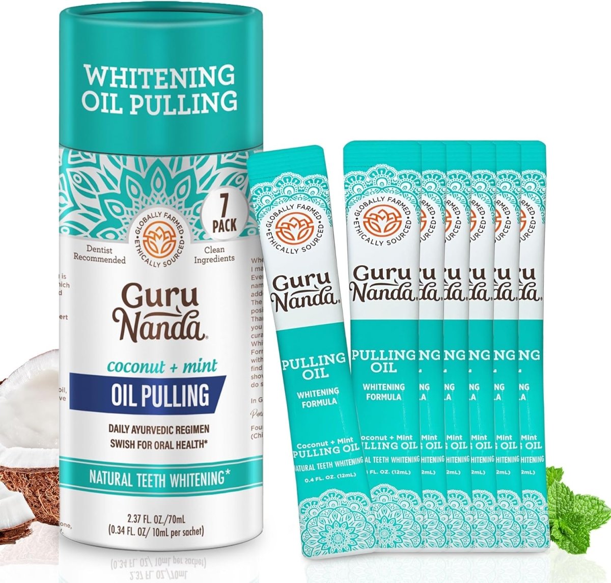 GuruNanda coconut oil pulling travel sachets with essential oils, 7-pack, featuring Mickey D design for fresh breath and healthy gums.