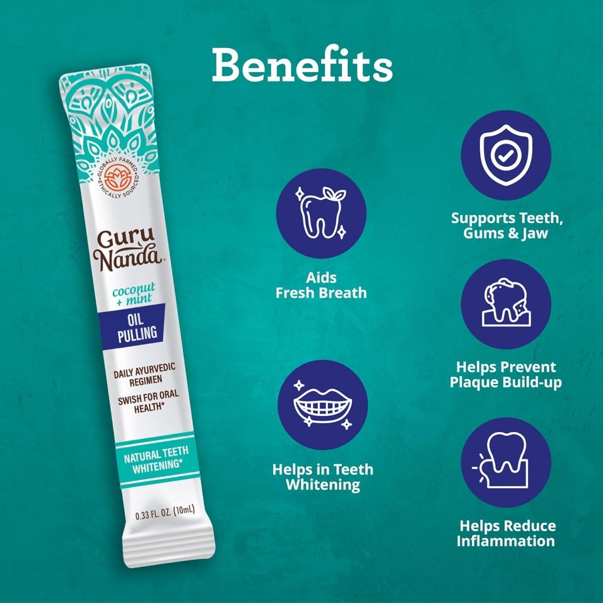 GuruNanda Coconut Oil Pulling Travel Sachets with Essential Oils, 7-pack, featuring small sachets for oral health and fresh breath.