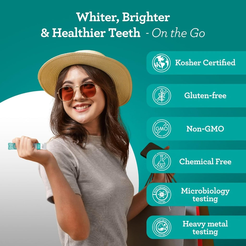 GuruNanda Coconut Oil Pulling Travel Sachets with Essential Oils, 7-pack, featuring colorful packaging and illustrations for healthy gums.