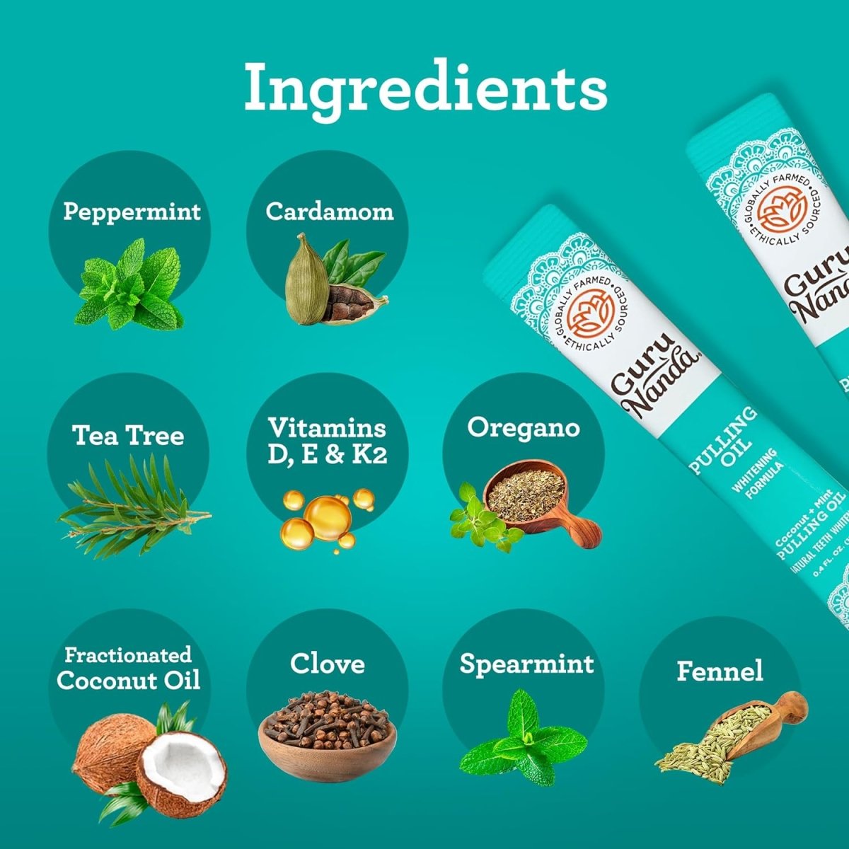 GuruNanda coconut oil pulling travel sachets with essential oils, 7-pack, featuring Mickey D design for fresh breath and healthy gums.