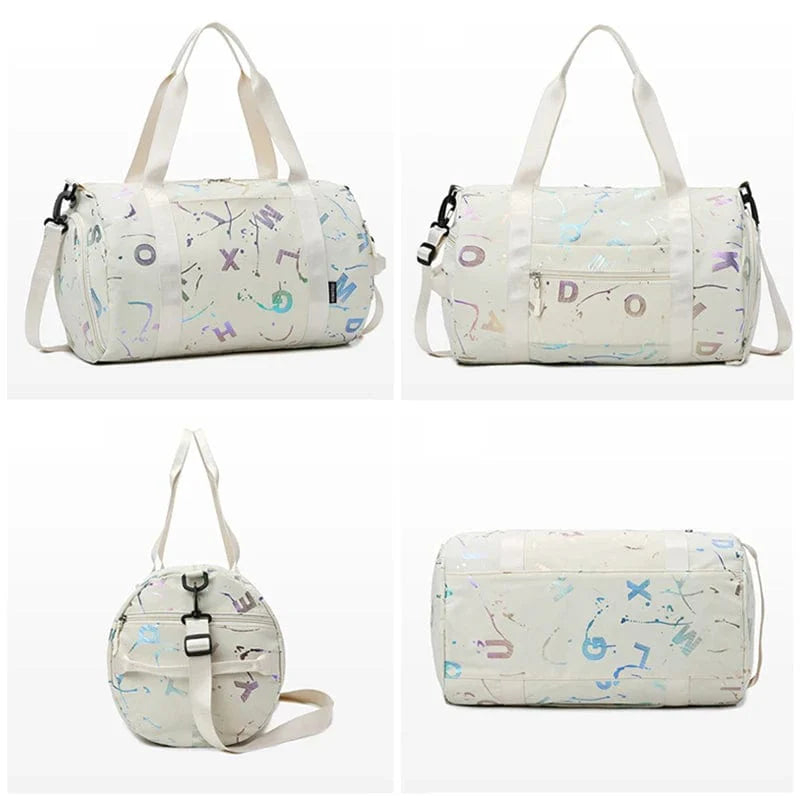 Scione Graffiti Print Gym Bag by Showlu Fashion Store, waterproof travel duffel with shoe pocket and graffiti letter design.