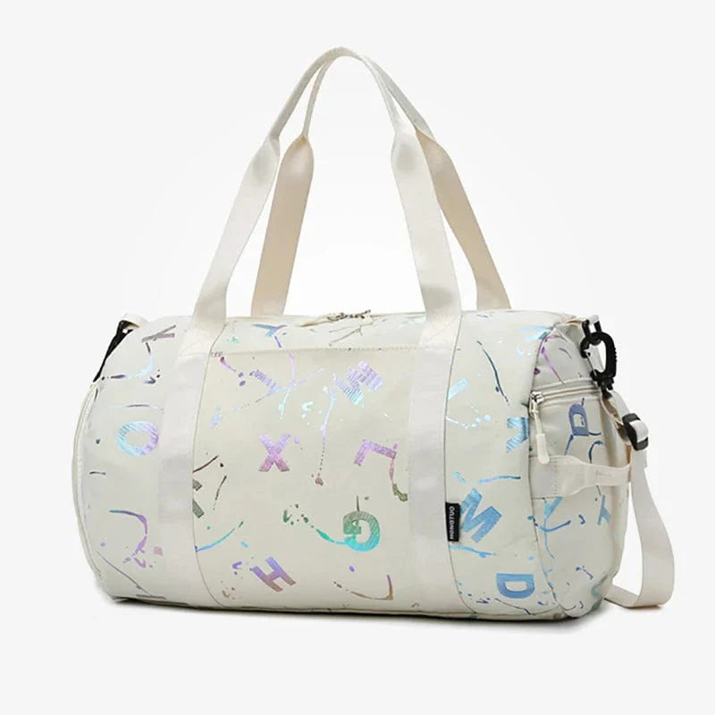 Scione Graffiti Print Gym Bag by Showlu Fashion Store, waterproof duffel with shoe pocket, suitable for travel, gym, and sports.