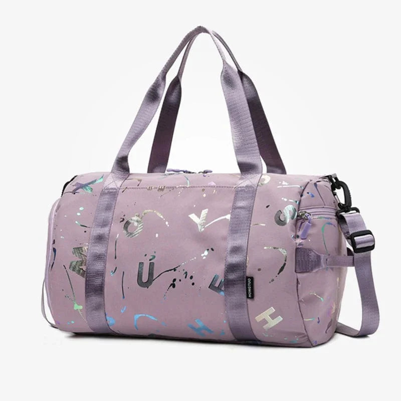 Scione graffiti print waterproof gym bag with shoe pocket, ideal for travel, fitness, and sports, showing vibrant graffiti design.