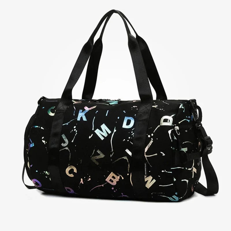 Scione graffiti print gym bag by Showlu Fashion Store, waterproof travel duffel with shoe pocket, ideal for sports and fitness trips.