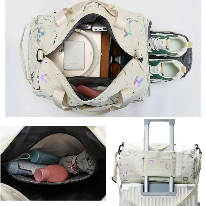 Scione Graffiti Print Gym Bag by Showlu Fashion Store, waterproof travel duffel with shoe pocket and graffiti letter design.