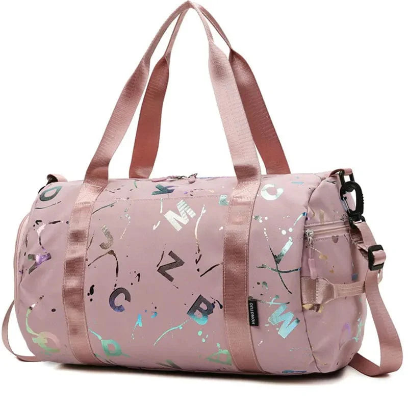 Showlu Fashion Scione graffiti print gym bag with waterproof material, featuring a shoe pocket and versatile travel duffel design.