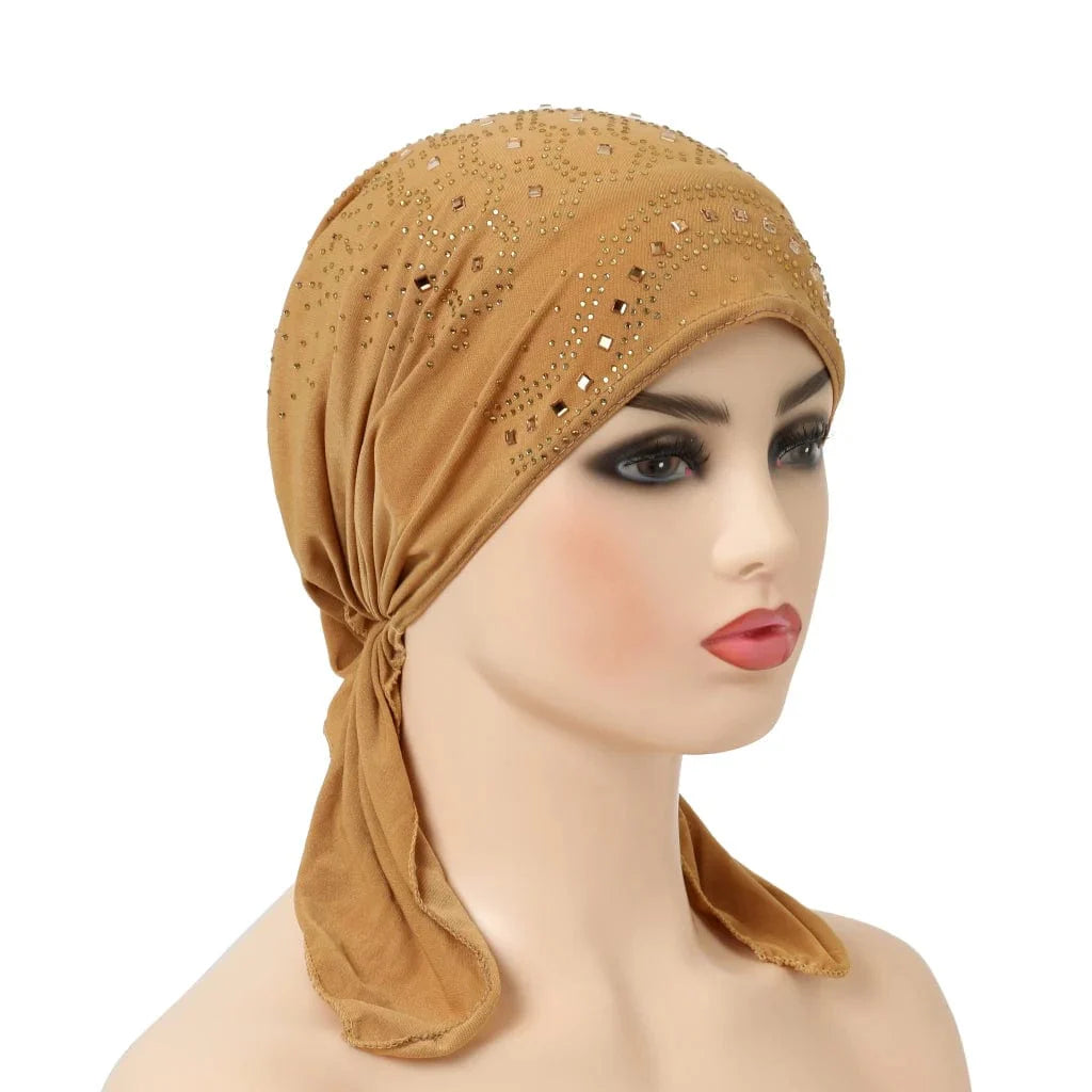 Stone-studded Dengnuoxian H088 fashion turban hijab, Muslim headscarf with decorative stones and pull-on style, Islamic headwrap.