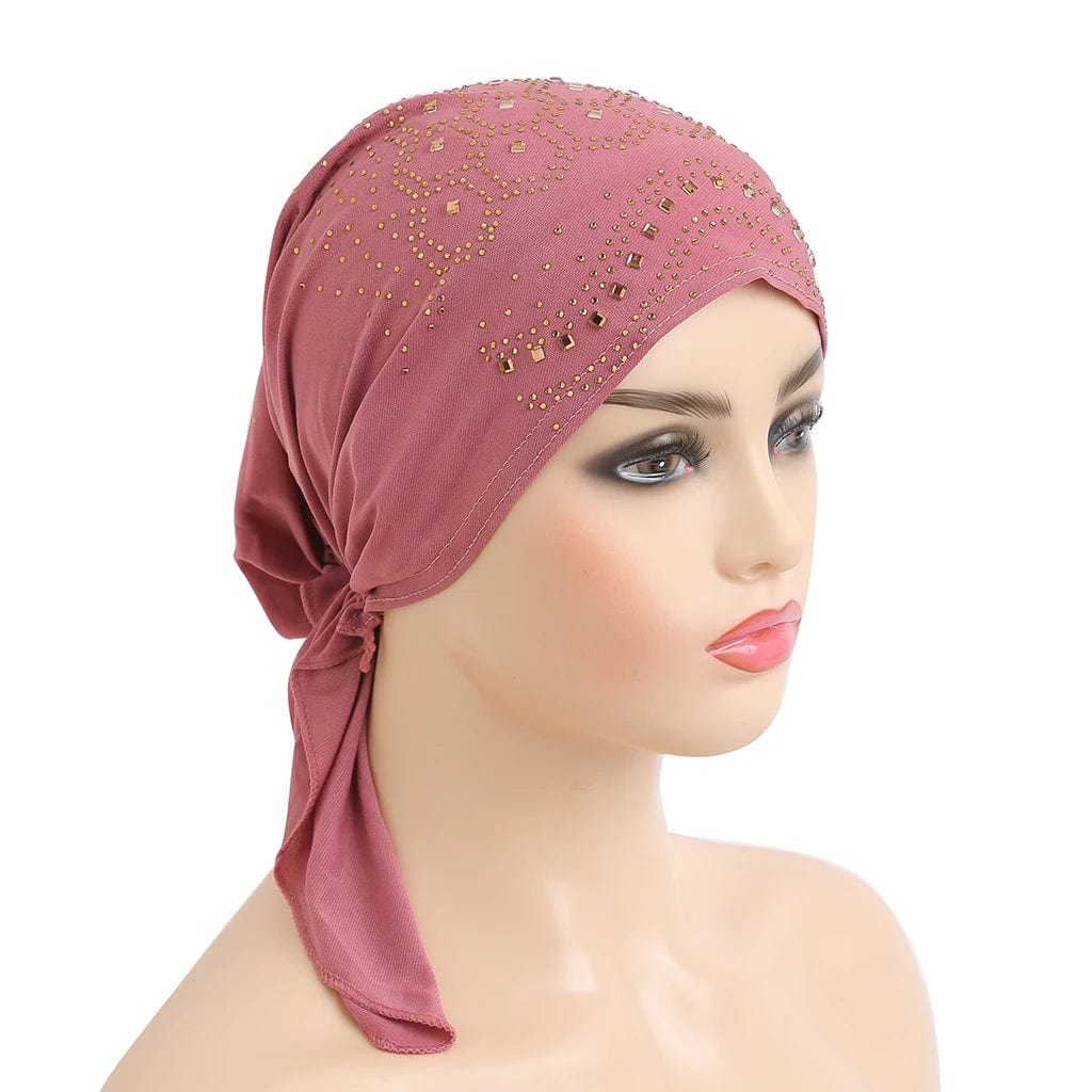 Stone-studded Dengnuoxian H088 fashion turban hijab, stylish Muslim headscarf with decorative stones and pull-on design.