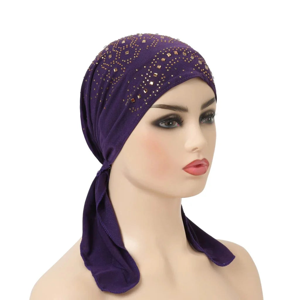 Stone-studded Dengnuoxian H088 fashion turban hijab, Muslim headscarf with decorative stones and pull-on style, Islamic headwrap.