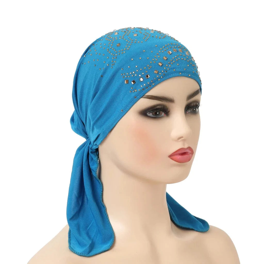 Stone-studded Dengnuoxian H088 fashion turban hijab, Muslim headscarf with decorative stones, stylish Islamic headwrap.