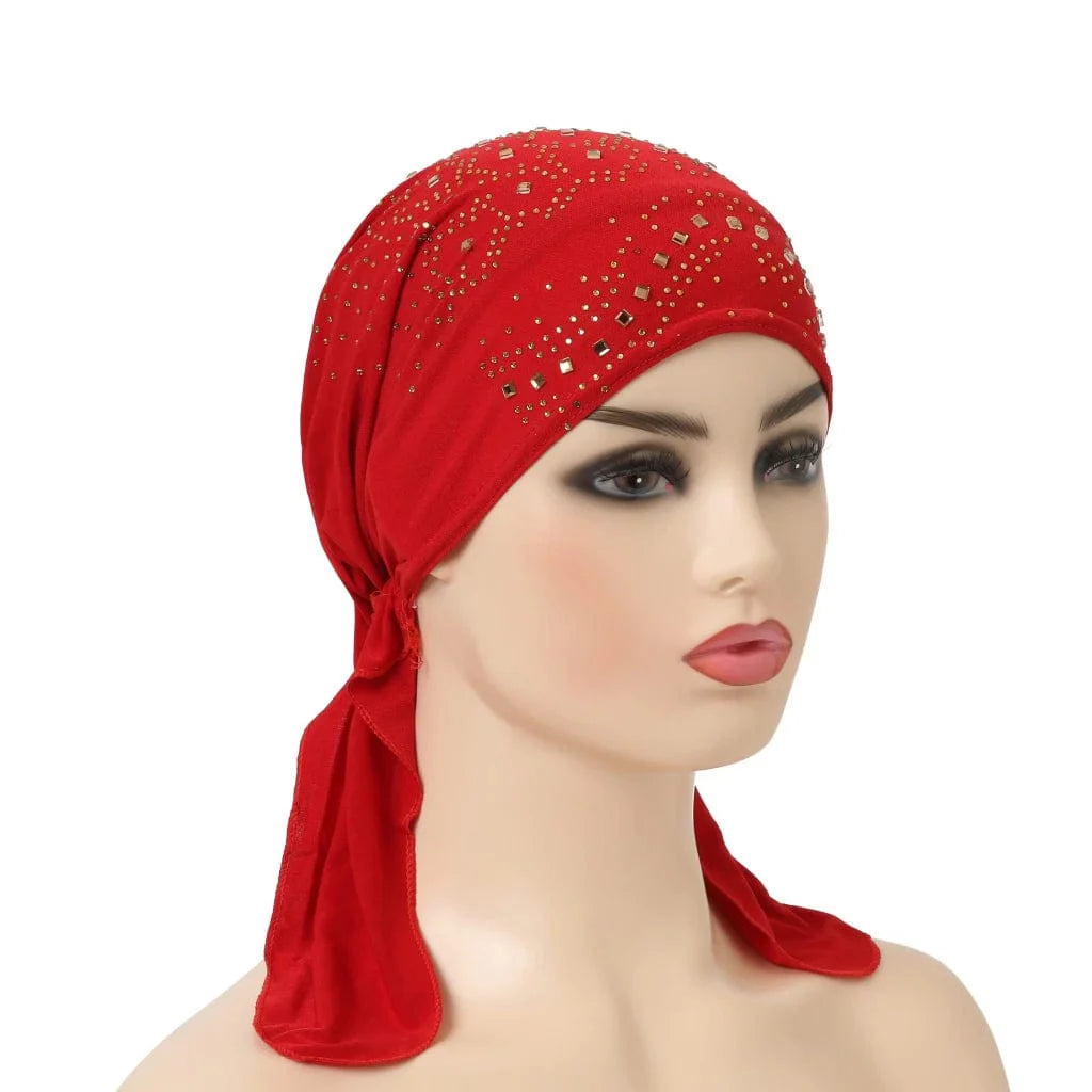 Dengnuoxian H088 Fashion Turban Hijab with stone studs, stylish Muslim headscarf, and pull-on design for elegant Islamic headwear.