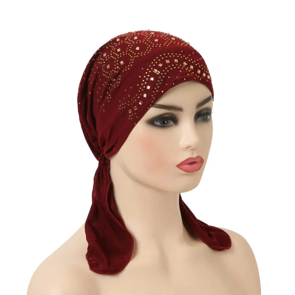 Stone-studded Dengnuoxian H088 fashion turban hijab, Muslim headscarf with decorative stones, stylish Islamic headwrap.