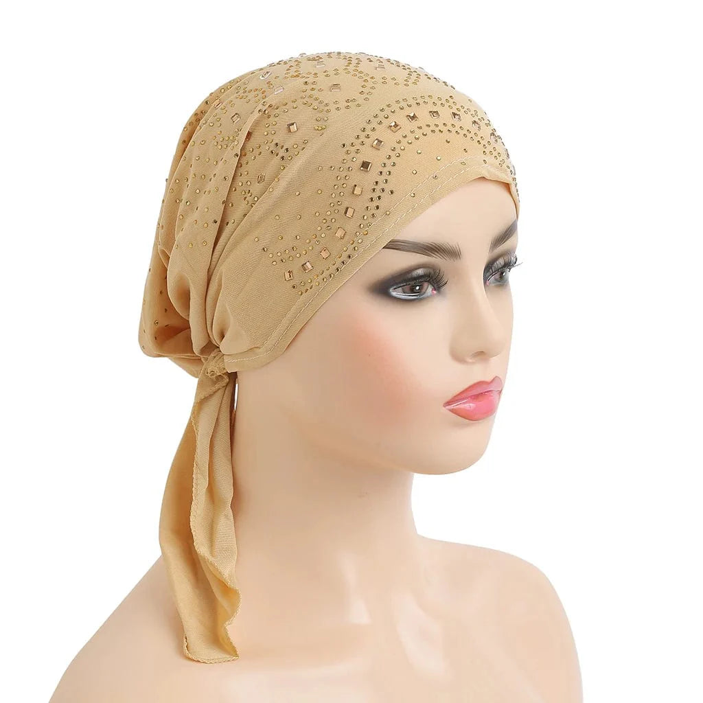 Stone-studded Dengnuoxian H088 fashion turban hijab by Showlu Fashion Store, stylish Muslim headscarf with decorative stones.