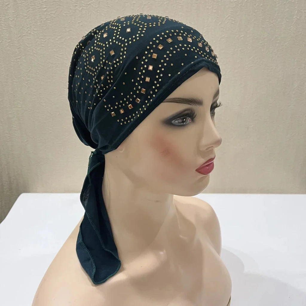Dengnuoxian H088 fashion turban hijab with stone embellishments, stylish Muslim headscarf and Islamic headwrap in a pull-on style.