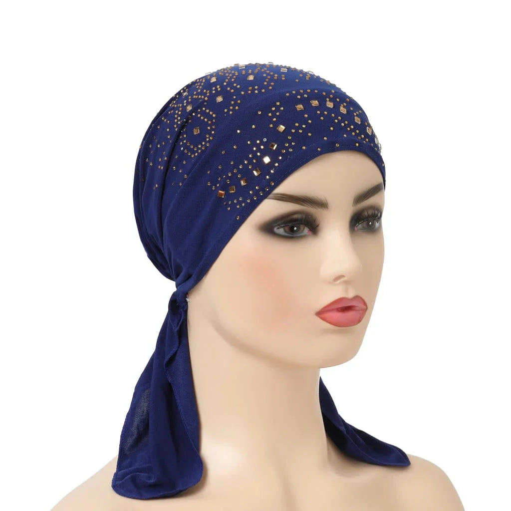 Stone-studded Dengnuoxian H088 fashion turban hijab, Muslim headscarf with decorative stones, Islamic headwrap and pull-on style.