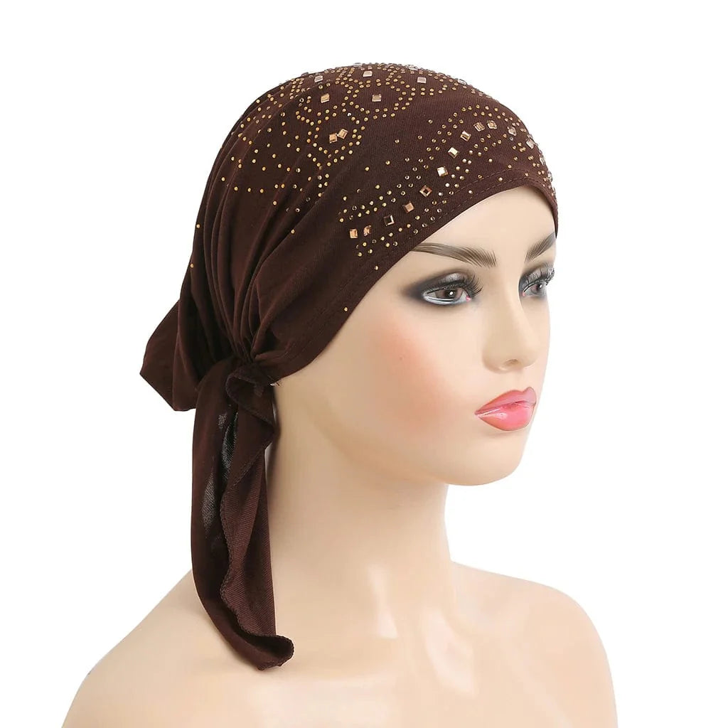 Stone-studded Dengnuoxian H088 fashion turban hijab, Muslim headscarf with decorative stones and pull-on design for Islamic head covering.